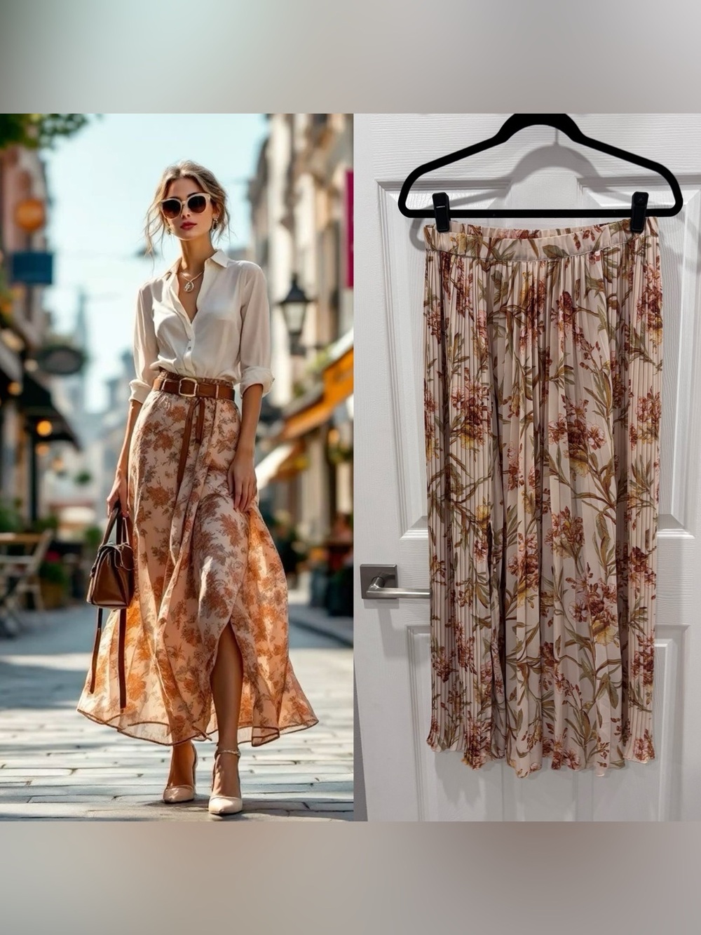H & M Pleated Floral Midi Skirt - Cream with Olive & Rust Floral size Medium